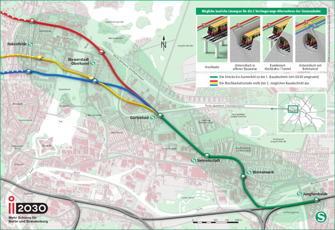 Übersicht der Varianten zur möglichen Verlängerung der Siemensbahn, Grafik: VBB