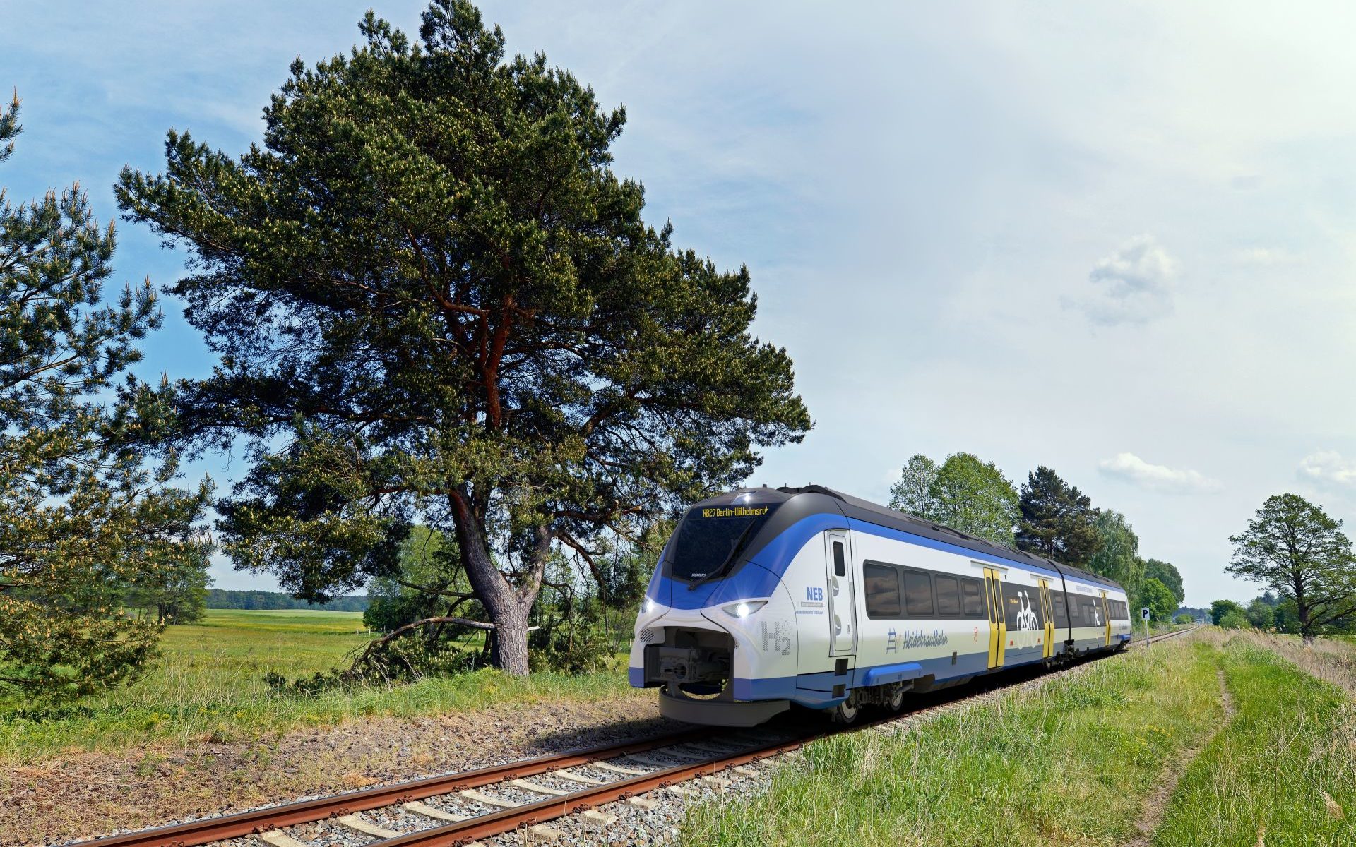 Siemens-Züge: Mireo Plus H_Wasserstoffzug für die Heidekrautbahn, Fotomontage: NEB/Christian Bedeschinski/Siemens Mobility