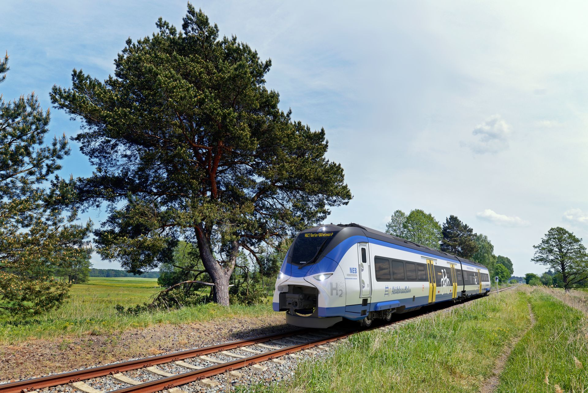 Siemens-Züge: Mireo Plus H_Wasserstoffzug für die Heidekrautbahn, Fotomontage: NEB/Christian Bedeschinski/Siemens Mobility