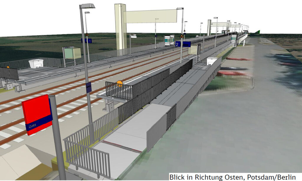 Die alten Bahnsteige in Götz werden zurückgebaut, die neuen Bahnsteige befinden sich auf der Ostseite der Straße, Grafik: DB InfraGO AG