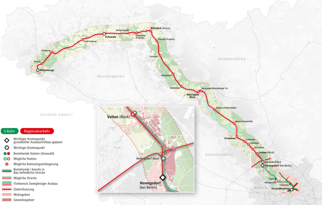 Karte für den i2030-Korridor Nord-West mit Elektrifizierungsstrecke Hennigsdorf – Wittenberge, Grafik: VBB GmbH