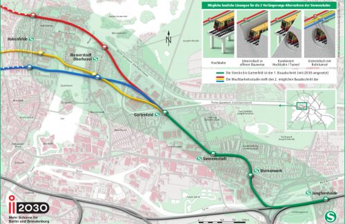 Übersicht der Varianten zur möglichen Verlängerung der Siemensbahn, Grafik: VBB